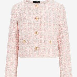 Express Plaid Boucle Tweed Blazer Jacket Pink and White Size L